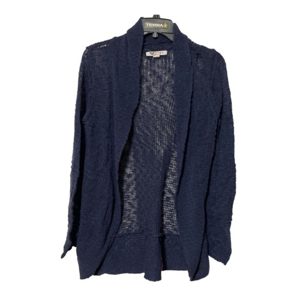 Roxy Womens Cardigan Sweater Blue Sea of Love Crochet Small Flaw Size Large